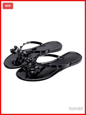 Women Flip Flops Studded Sandals Bow Jelly Shoes Thong Flat Slides Clear